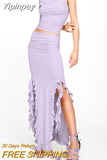Yipinpay Fashion Women Summer 2 Pieces Outfits Solid Color Crew Neck Sleeveless Tank Tops Ruffles Slit Long Skirts Set Street Style