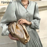 Yipinpay Elegant V-neck Satin Dresses For Women Long Sleeve Bandage Pleated Dress Ladies Korean Fashion Autumn Black