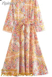 Yipinpay 2023 Woman Vintage Print Shirt Dress Women Belt Summer Long Dresses For Women Fashion Button Midi Elegant Casual Dresses