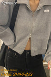 Yipinpay Zipper Women Cropped Jackets Fashion Letter Print Loose Sweatshirt Korean Casual Y2K Tops Harajuku All Match Lady Clothes