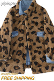 yipinpay Women's Lamb Wool Denim Jackets Winter Long Sleeves Streetwear Chic Design Leopard Print Fashion Casual Baggy Jean Jackets Coat