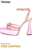 Yipinpay Satin Rhinestones Platform Wedges Women Pumps Elegant Slingbacks Cross-tied Dress High heels Spring Summer Chunky Shoes