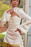 Yipinpay Sleeve Satin Dress White Sexy Evening Wedding Guest Night Dress Party Dress Draped Mini Birthday Dress For Women 2023 lined