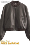 Yipinpay TRAF PU Leather Bomber Jacket for Women 2023 Vintage Stand Collar Front Zipper Short Coat Ladies Long Sleeve New Outerwear