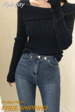 Yipinpay for Women 2023 Diagonal Collar Off Shoulder Solid Slim Pull Femme Y2k Top Sueter Mujer Long Sleeve Black Sweater Knitwear