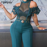 Yipinpay Women Elegant Solid Mesh Patchwork Lace Short Sleeves Off Shoulder Button Decoration Sexy Straight Jumpsuit