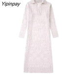 Yipinpay Autumn Women Jacquard Mesh Knit Dresses 2023 Elegant Ladies POLO Collar Mid-Calf Dresses Long Sleeve Soft Vestidos