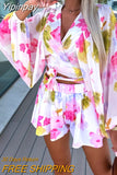 Yipinpay Boho Floral Print Lantern Sleeve Crop Top Suit 2023 Summer Fashion Chic Chiffon Shorts Outfits Casual Loose Lady Beach Suit