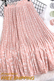 yipinpay Stylish Black Pink Skirt Women Casual Floral Print Vintage Korean Charming Pleated Midi Skirts High Waist Beach Skirt