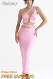 Yipinpay 2 Pieces Set Sexy Elegant Pink One Shoulder Crop Top and Long Skirt Set Satin Evening Night Party Dresses Women Outfit 2023