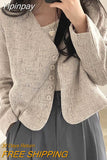 Yipinpay Temperament Slim Retro Simple V Neck Single Breasted Plaid Jacket Short Fashion Long Sleeve Tweed Cardigan Thin Autumn Top
