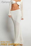 Yipinpay Womens 2Pcs Clubwear Outfit Sets Long Hollow Sleeve Crop Tops + White Long Knitted Skirt Club Streetwear New Aesthetics