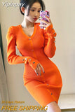 Yipinpay Women Dresses 2023 Lady Fashion Sexy V Long Sleeve Single-breasted Women Knitted Dress Bodycon Knee Wild Vestido Mujer Robe