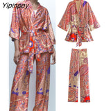Yipinpay New Woman Japan Style Print Shirts Pants Sets 2023 Fashion Loose Kimono Long Sleeve Blouse With Belt Trousers Casual Set
