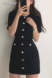Yipinpay Button Knitted Dress Sexy Mini O-Neck Vestido Curto Korean Summer Party Elegant Black Sweet Spring 2023 vetement femme