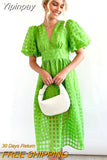 Yipinpay Women Elegant Hollow Out Puff Sleeve Dress 2023 Summer Fashion Chic V-Neck Mesh Midi Frock Party Banquet Trend Ladies Vestido