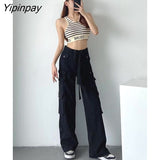 Yipinpay Vintage Multi-pocket Design Workwear Jeans Women Candy Casual Loose