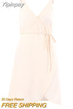 Yipinpay Spaghetti Strap Sexy Summer Sundress Lace-Up Women Wrap Dress Home Wear Casual V-Neck Night Dress Sleepwear Female