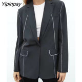 Yipinpay Women Fashion Single Button Blazer Coat 2023 Vintage Long Sleeve Flap Pockets Female Outerwear Chic Vestes Femme