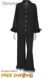 Yipinpay Feather Cuffs Pants Sets Of Two Fashion Pieces For Women Sleepwear Notched Shirts And Wide Leg Pant Homewear Outfits