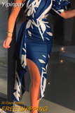 Yipinpay Women 2023 Plants Print One Shoulder Puff Sleeve Slit Dress All Over Print Irregular Plain Grace Fashion