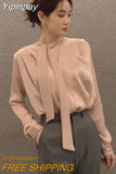 Yipinpay Up V Neck Satin Shirt Blusa Feminina Long Sleeve Ribbon Top OL Slim Wild Elegant Chemise Femme Camisas De Mujer Blouse