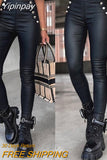 Yipinpay Women's pants High Waist Buttoned PU Leather Skinny Pants women pants new trousers high waist elegant