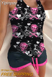 Yipinpay Skull Rose Print Drawstring Pajamas Set 2023 summer women's two piece sets female suit