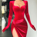 Yipinpay Women Solid Elegant Glamourous Shirring Silt Long Finger Cover Sleeves Maxi Mermaid Bodycon Party Formal Red Flannel Dress