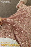 Yipinpay Straight Back Split Pink Sequin Skirt Women A Line Vintage Wrap Hip Midi Faldas Jupe Vintage Skirts Long Y2k Skirt