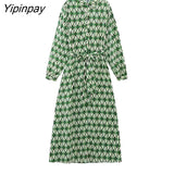 Yipinpay 2023 Women Geometric Dresses With Belt Spring Summer Elegant Turn Down Collar Mid-Calf Dresses A-line Long Sleeve Vestidos