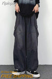 Yipinpay Retro Solid Color Big Pocket Jeans Women's Y2K Street Hip-Hop Trend Wide Leg Pants Couples Loose Casual Versatile Jeans
