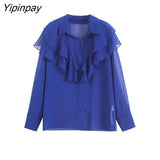 Yipinpay Women Fashion Thin Summer Solid Blouses Shirt 2023 Translucent Material Tops Vintage Single Breasted T-Shirts