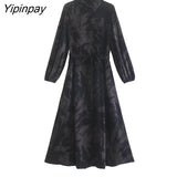 Yipinpay Women Fashion Print Long Dresses With Belt 2023 Female Elegant Turn Down Collar Clothing Long Sleeve Soft Vestidos