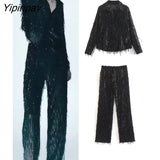 Yipinpay Spring Autumn Women Tassels Sequined Shirts Pant Sets 2023 Causal Single Breasted Top Elastic Waist Pants Outwear