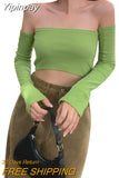 Yipinpay Crop Tops T-shirts, Solid Color Boat Neck Off Shoulder Sexy Tops Pullover with Long Sleeves for Summer Club Wear