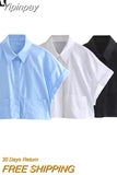 Yipinpay 2023 Woman Cropped Shirt Women Summer Crop Tops For Women Button Up Women's Short Sleeve Shirt White Black Loose Blouses