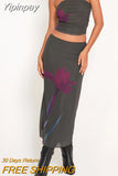 Yipinpay Fashion Women Summer Outfits Casual Floral Strapless Bandeau And Stretch Beach Mesh Long Skirt Clubwear Hot Sale S M L