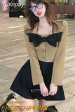 Yipinpay Autumn 2 Piece Dress Set Woman Bow Long Sleeve Short Cardgian + Pure Color Casual Mini Skirt Elegant Korean Suit Female