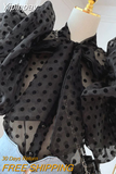 Yipinpay Puff Sleeve Black Polka Dot Shirt Women Vintage Blusa Bow Lace Up Lantern Sleeve Transparent Shirt New Blouse Top 2023