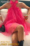Yipinpay Elegant Frilly Halter Neck Mini Dress Women Off-Shoulder Sleeveless Backless A-Line Short Dress for Party Club Beach