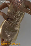 Yipinpay Gold Sequins Diamonds Sexy Night Party Dress Women Sleeveless Halter Backless Mini Dresses Femme Clubwear V-Neck Vestidos 911