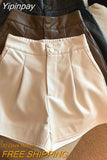 Yipinpay Women Chic Fashion Side Pockets Black Faux Leather Shorts Vintage High Waist Zipper Fly Female Short Pants Mujer PU Y2k Sexy