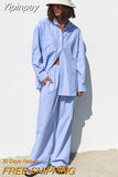 Yipinpay Street Cotton Striped Two Piece Sets Women Elegant Lapel Shirts High Waist Pants Suits Office Ladies Casual Outfits