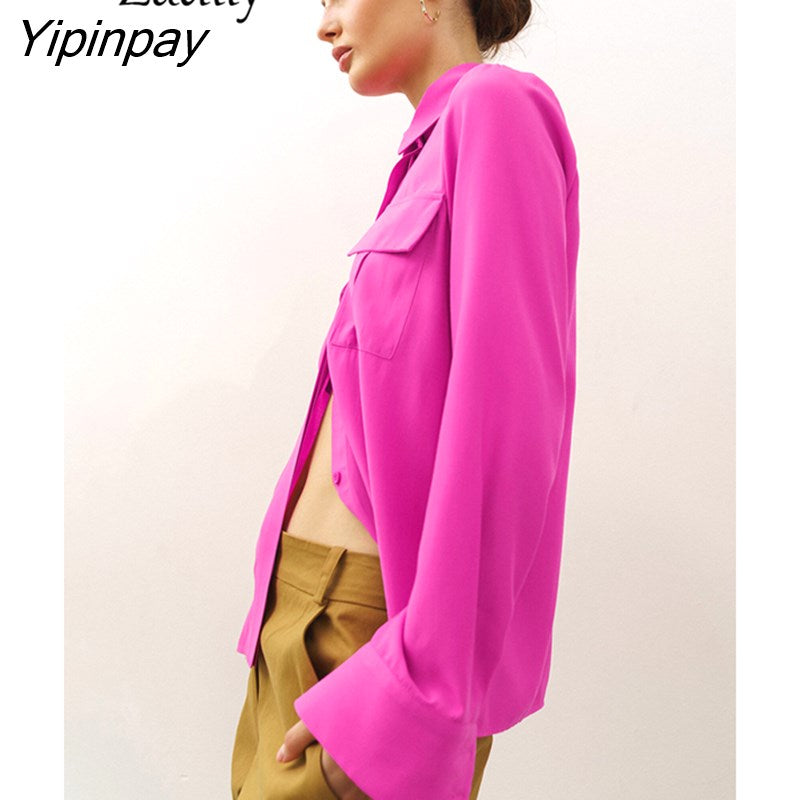 Yipinpay 2023 Spring Casual Long Sleeve Solid Women Basic Shirt Korea Style Pocket Button Woman Tunic Blouse Female Clothing Tops