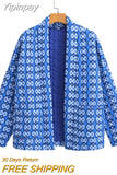 Yipinpay TRAF Ethnic Style Print Quilted Coats for Women 2023 Autumn Winter Vintage Jackets Coat Female Long Sleeve Warm Outerwear