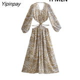 Yipinpay New Women Hollow Out Dress 2023 Spring Summer Sexy Long Sleeve Dresses Beach Party Mid-Calf Fashion Backless Clothes