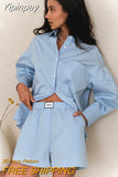 Yipinpay Elegant Blue Shirts Suits With Shorts Chic Letter Women Oversize Tops And Wide Leg Shorts Casual Outfits Lady Office
