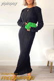 yipinpay Basic Black Orange Maxi Bodycon Long Sleeve Pleated Dress For Women 2023 Plisse Casual O Neck Sexy Dress Party Night