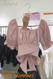 Yipinpay Bandage Crop Top Femme Pink Doll Blouse Blusas Mujer De Moda 2023 Bow Backless Black White Ruffle Pleated Shirt Women